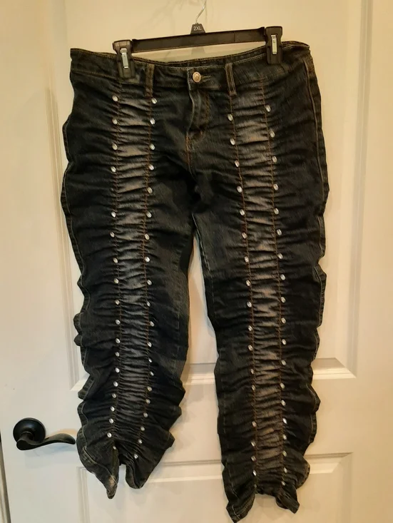 Y2K Ruched Stacked Jeans Rhinestone Studded Denim XL G.W. Maxx Neo Classic - Picture 12 of 12